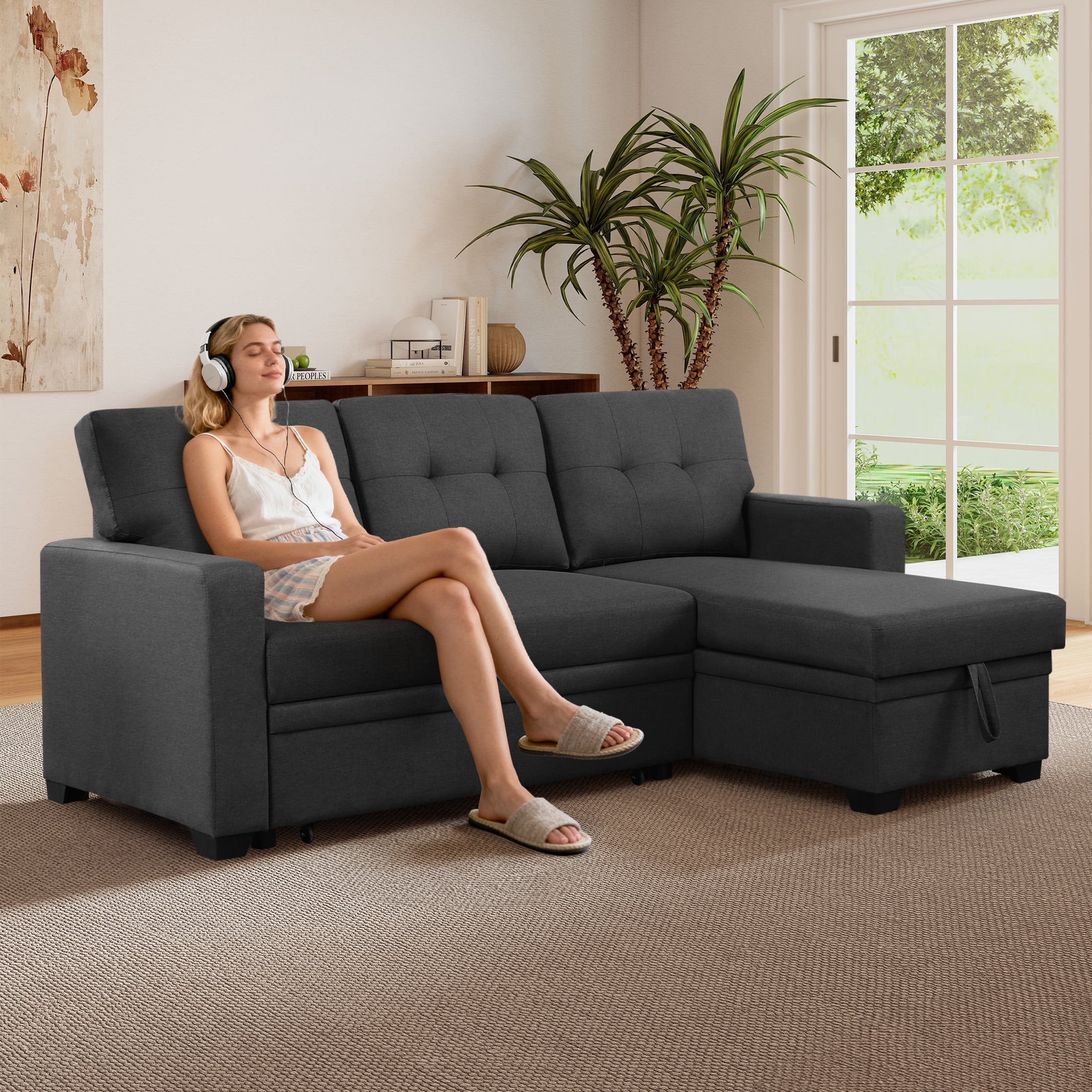 Aukfa Premium Pull-Out Sleeper Sofa Bed with Storage Chaise, Contemporary 3-Seater Couch for Living Room, Dark Gray