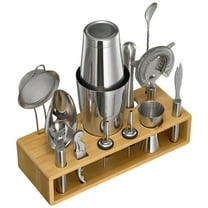 KFFKFF 13-Piece Stainless Steel Cocktail Shaker Set with Bamboo Stand, Complete Bar Tools Kit | Includes Mixing Spoon, Muddler, Jigger, Strainer, Pourers, Ice Scoop, and Lemon Zester