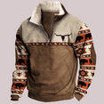 thumbnail image 6 of Men's Western Wool Jacket Denim Bull Head Print Pullover 1/4 Zipper Stand Collar Long Sleeve Sweatshirt,L,brown, 6 of 6