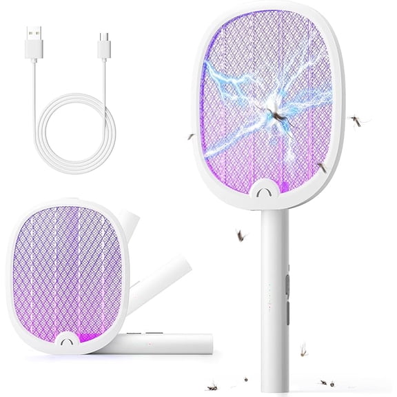 Electric Fly Swatter Foldable Bug Zapper Racket 2 in 1 Mosquito Killer with Purple Attractant Light Rechargeable 1800mAh for Indoor Home Backyard Patio Camping