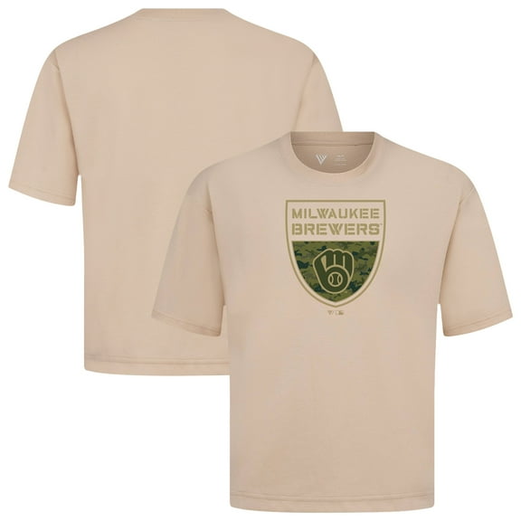 Men's Levelwear  Khaki Milwaukee Brewers Oversized Luxe Signature Knit Buckler T-Shirt