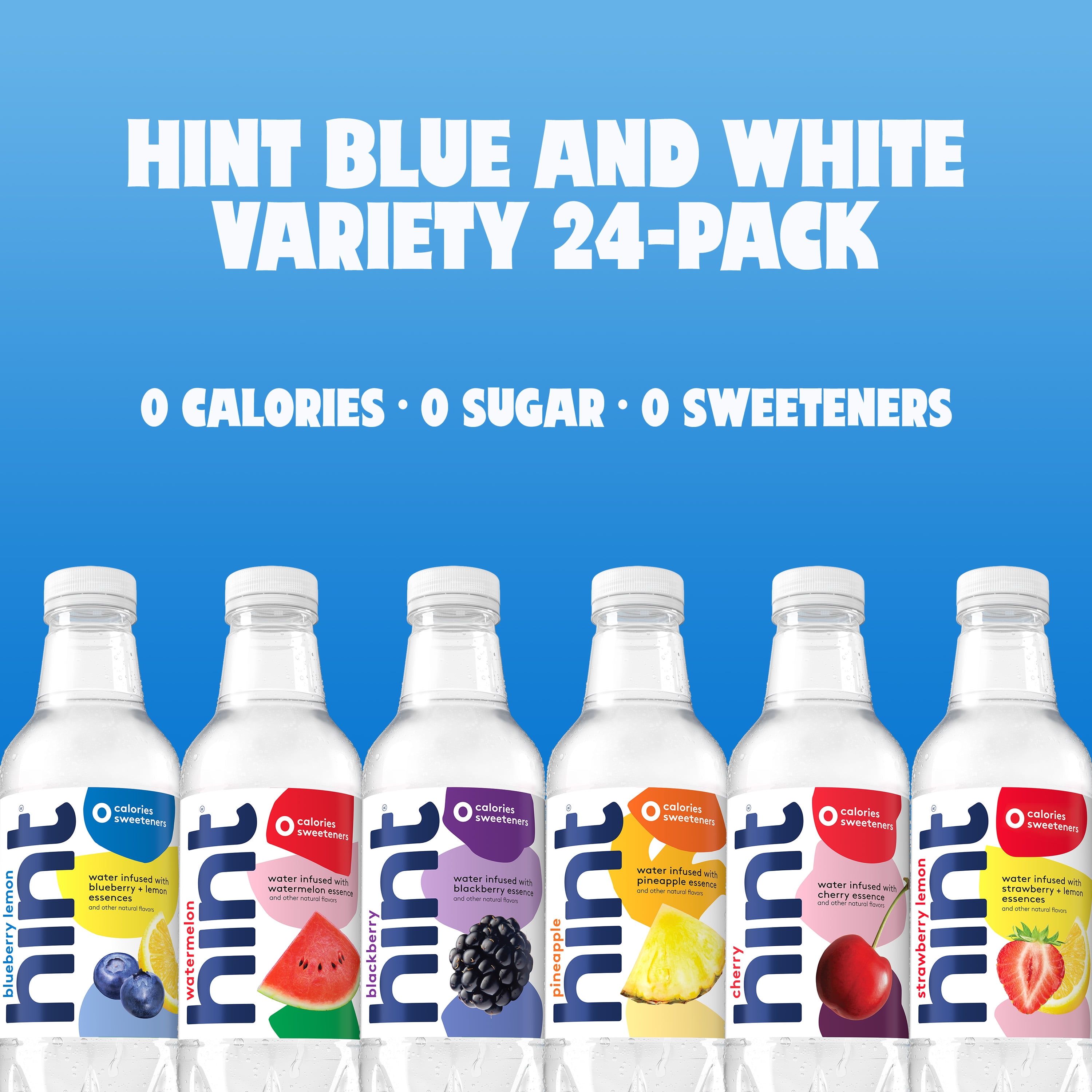 Hint Blue and White 6-Flavor Variety Pack Flavored Water, 16 fl oz, 24 Pack Plastic Bottles