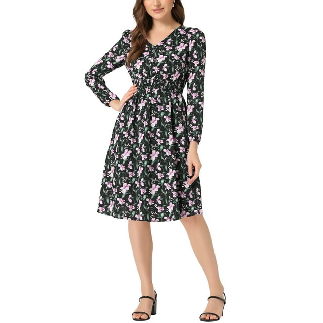 INSPIRE CHIC Women's Floral Print Flowy V-Neck Midi Dress Blacks XL