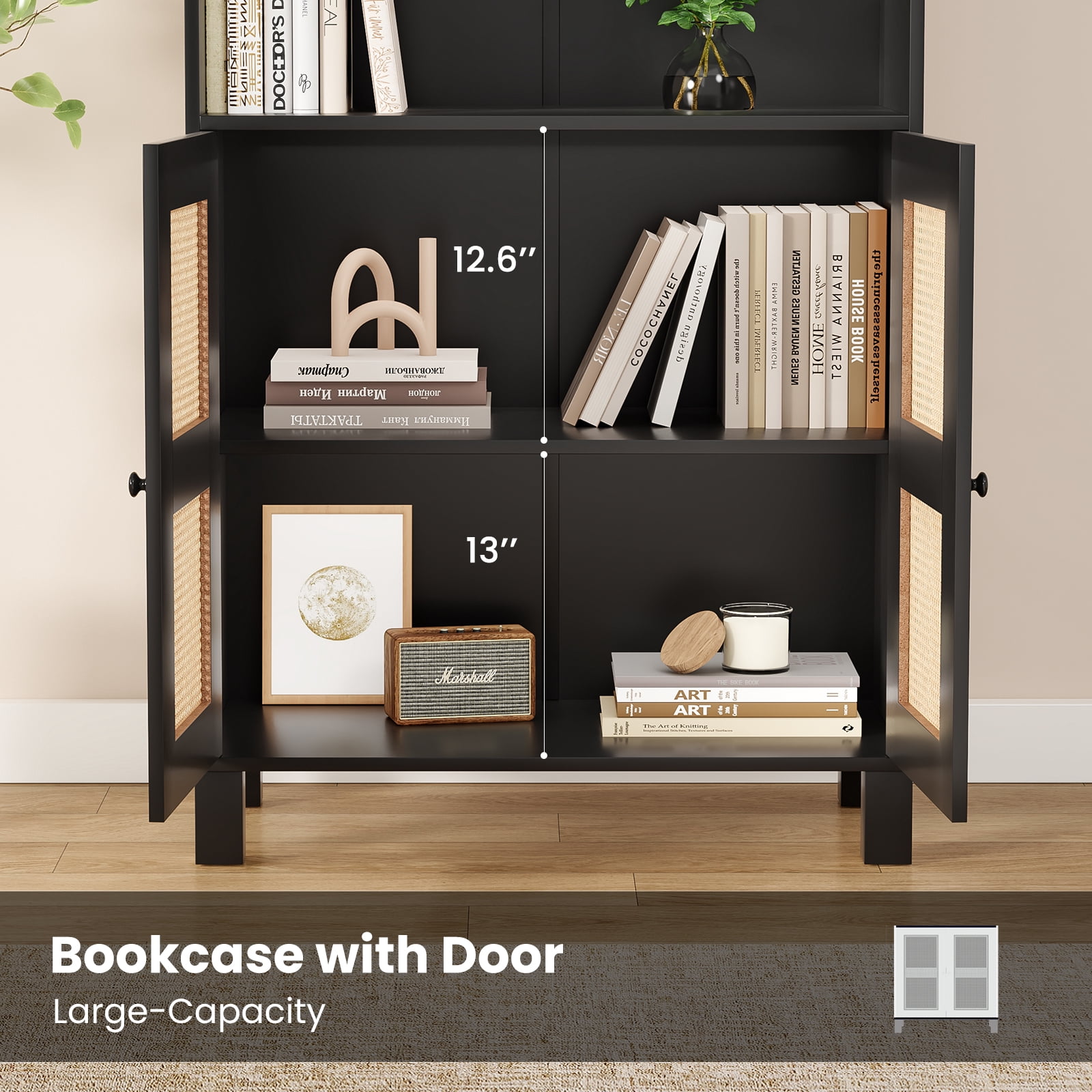 Aukfa Tall Storage Cabinet with Rattan Doors, 5-Tier Wooden Bookcase, Farmhouse Multi-Purpose Cabinet for Living Room,Black