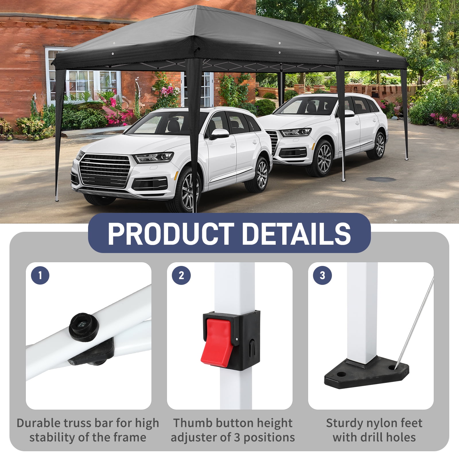 10'x20' Instant Pop Up Canopy Tent Black, No Sidewalls, 28/22mm Powder Coated Steel Frame, 10x20mm Crossbar, 210D Oxford Folding Outdoor Tent with Carry Bag, No Sandbags