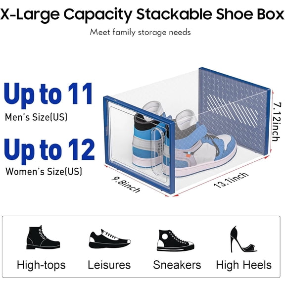 Large Shoe Organizer Storage Box with Magnetic Door, 12 Pack Clear Plastic Stackable Sneaker Containers for Closet, Connect Left and Right Shoe Box for Entryway, Drop Front, Under Bed (Blue)