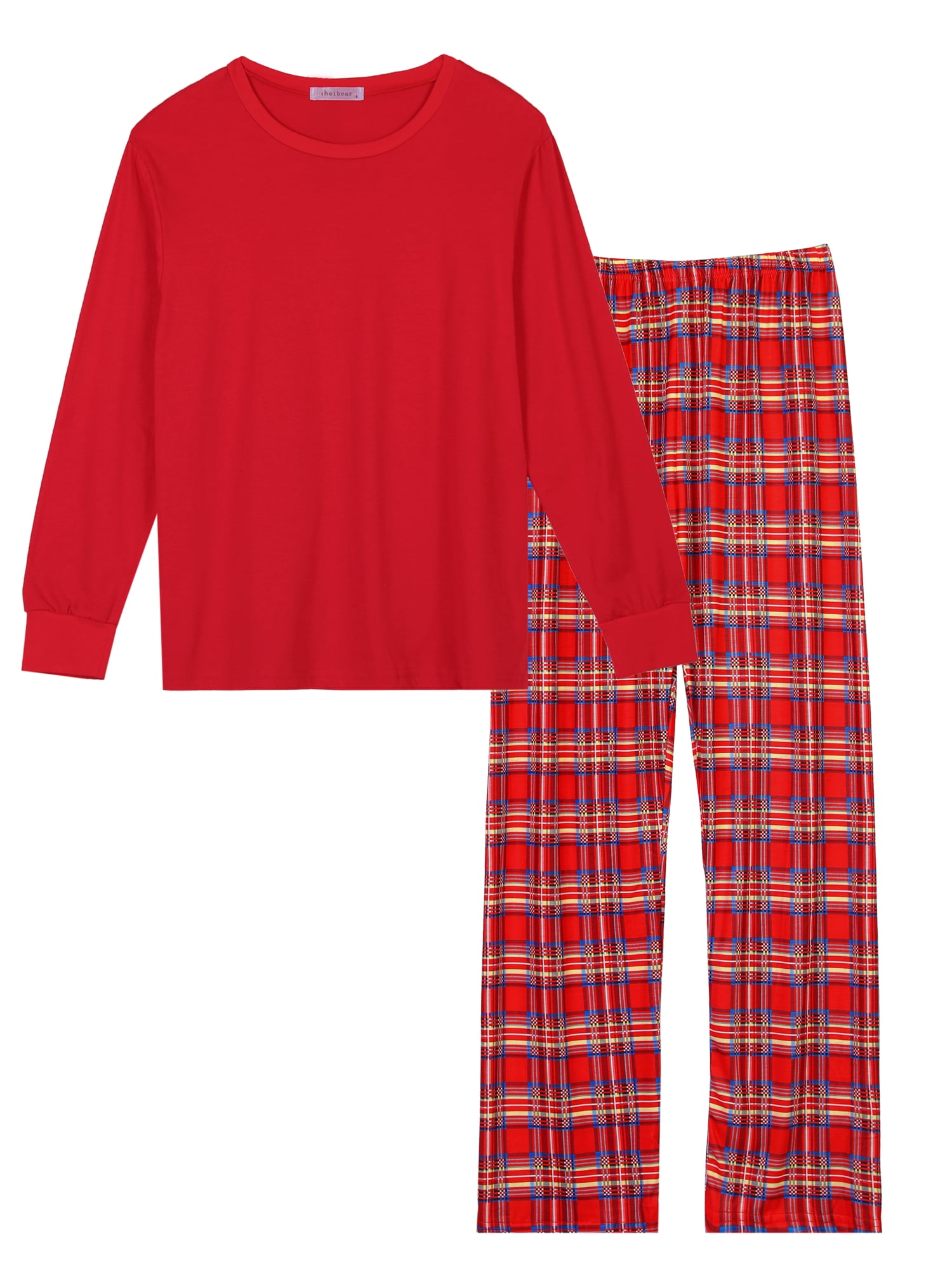 Unique Bargains Christmas Long Sleeve Solid Tops Tee with Plaid Pants Family Pajama Sets 2XL Men