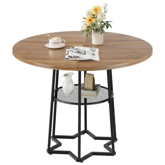 Kojooin 38.6" Round Dining Table with Storage, 16.8" Round Mesh Storage, Space-Saving Wood Kitchen Table with Metal Base, Perfect for Dining Room or Small Spaces