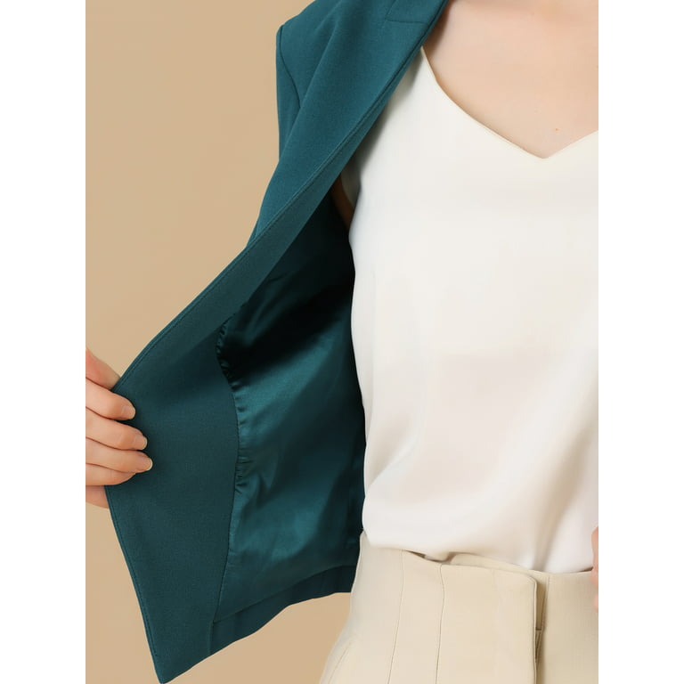 Unique Bargains Women's Work Office Business Fashion Collarless Cropped  Blazer M Peacock Blue 