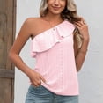 thumbnail image 2 of Women One Shoulder Top Summer Eyelet Ruffle Trim Sleeveless Pure Color Top for Female Pink S, 2 of 8