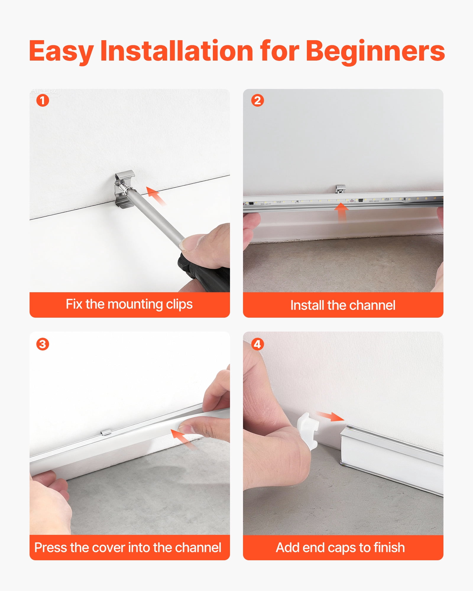 VEVOR 20-Pack 3.3 ft/1M U Shape LED Aluminum Channel, with Milky Cover, End Caps and Mounting Clips, Aluminum Profile for LED Strip Light Installations, Easy Installation, for Under Cabinet Counter