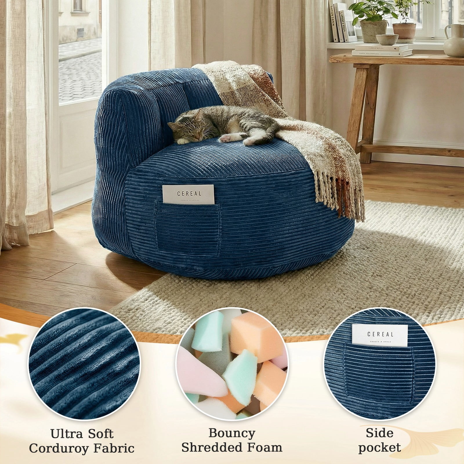 TOPCHANCES Large Bean Bag Chair for Adults, Crushed Foam Floor Chair with Storage Pocket & Carry Handle,  Indoor Lazy Lounger Sofa for Living Room Bedroom, Sea Blue