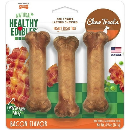 Nylabone Healthy Edibles All-Natural Long Lasting Bacon Dog Chew Treats 3 Count, Bacon Small/Regular