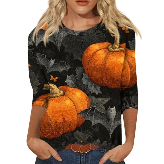 3/4 sleeve halloween tops for women,Women's Halloween Shirts 3/4 Sleeve Crew Neck Shirts Funny Halloween Graphic Outfits Spooky Season Tees Black 3XL