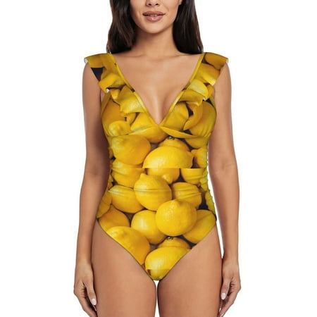 Qekee Ripe Yellow Lemon Women s Ruffle One Piece Swimsuit  Frilly shoulder strap monokini for Beach Pool Surf - Medium