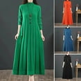 thumbnail image 2 of comerut Women Fall Winter Dress Knitted A-line Loose Hem Solid Color High Collar Neck Protection Thick Warm Long Sleeve Pleated Mid-calf Length Midi Dress, 2 of 8