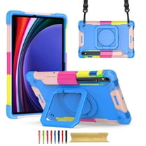 Kids Durable Handle Case for Samsung Galaxy Tab S9/S9 FE, Silicone PC Heavy Duty Protection 360 Rotating Ring Stand/Adjustable Shoulder Strap for Samsung Galaxy Tab S9/S9 FE, Blue/Colorful