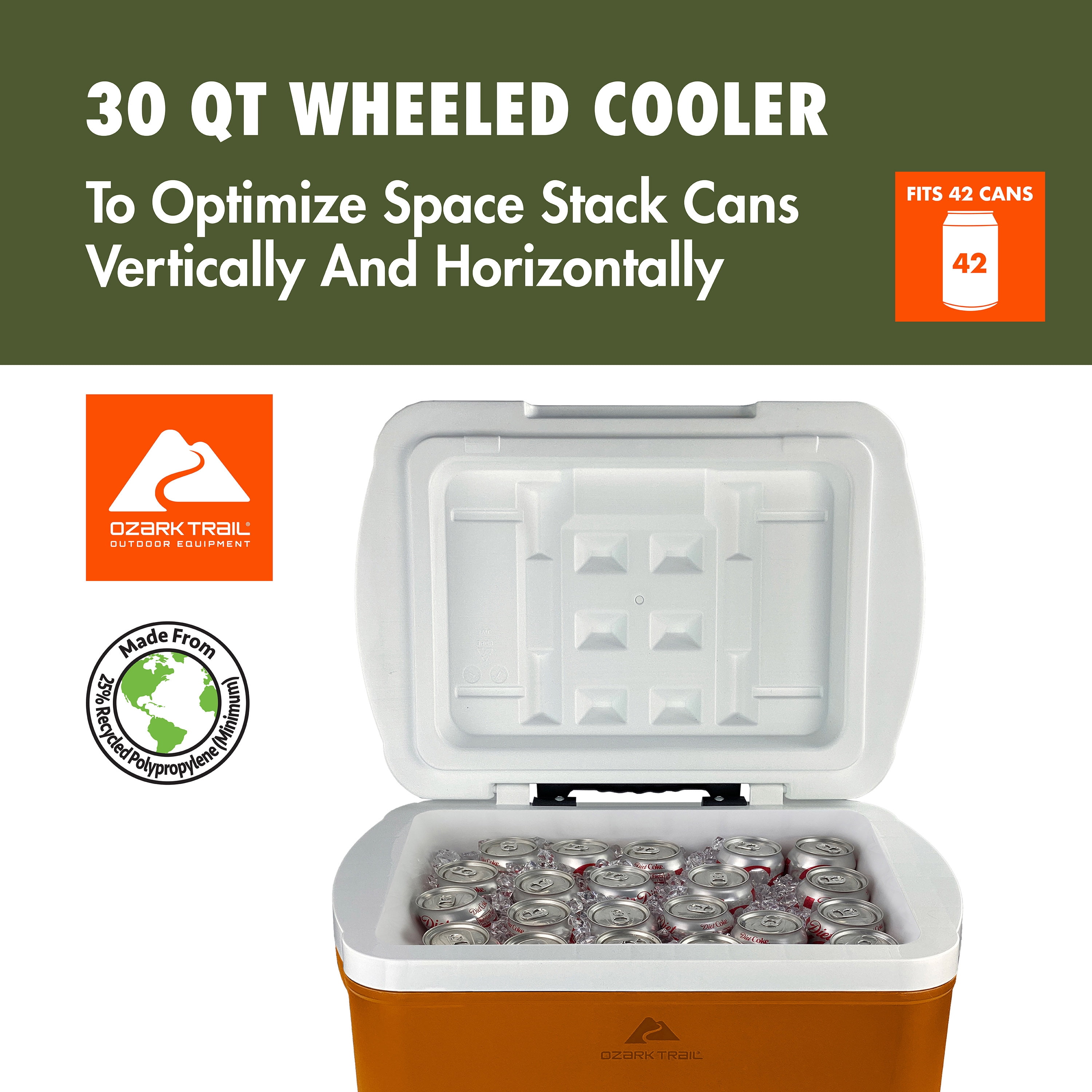 Ozark Trail 30 Quart Capacity Hard Side Wheeled Cooler, 42-Can, Burnt Orange