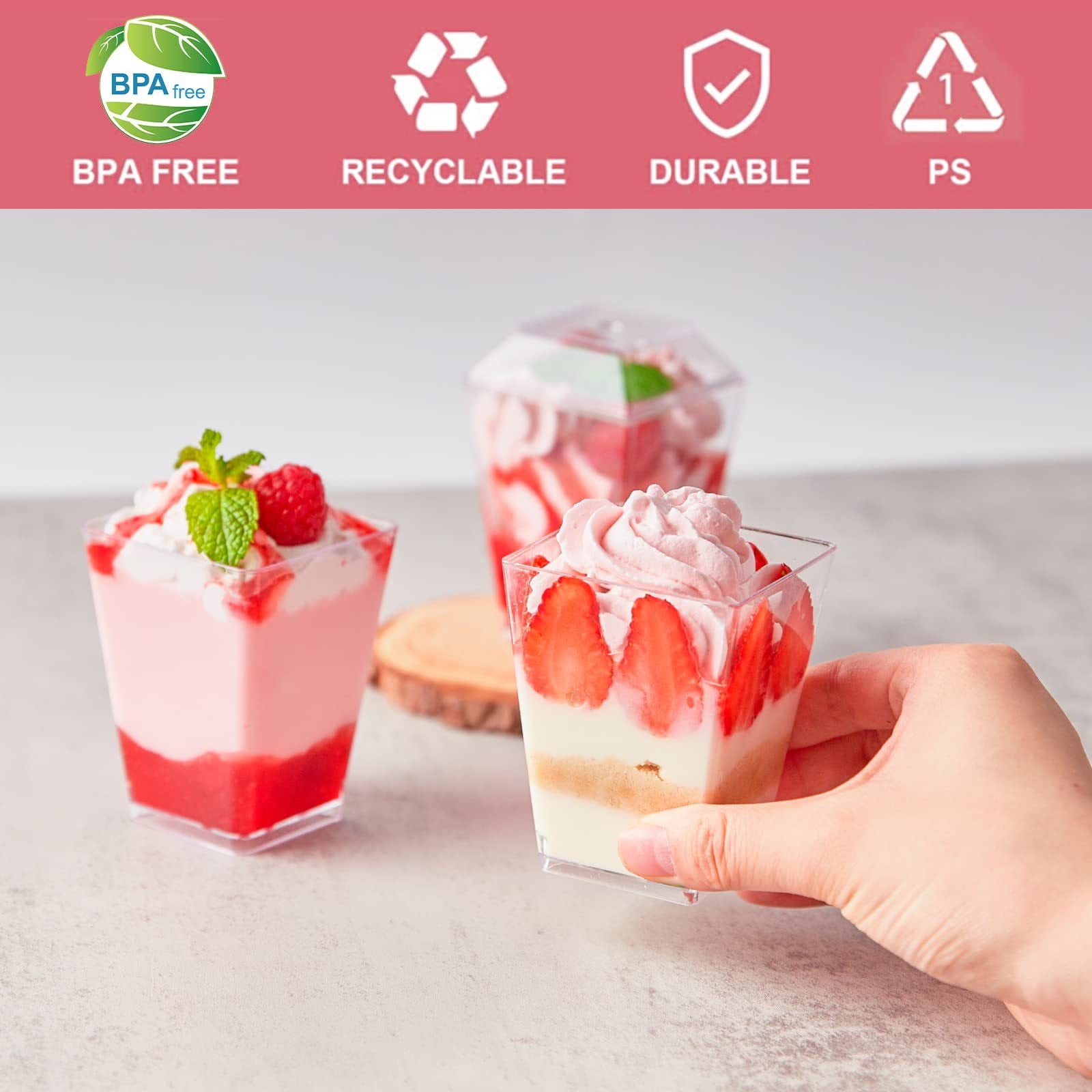IPEWLEX 20-Pack Clear Disposable Plastic Dessert Cups with Flat Lid - Stereoscopic Jelly Cups for Mini Cakes, Pudding, and More - Convenient and Environmentally Friendly