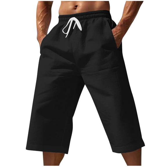 Summer Capris for Mens Lace-Up Elastic Waist Pants Pull On Stretch High Waisted Beach Pants Baggy Stretchy Wide Leg Capri Pants Running Cycling Workout Pants with Pockets