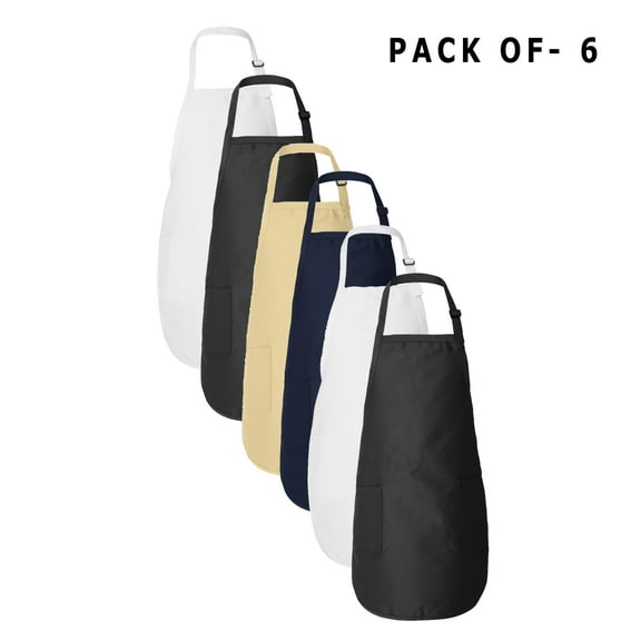 Q-Tees Full-Length Apron with Pockets - Perfect Bib, Cooking, and Chef Aprons | 55/45 Cotton/polyester | Bulk Mix Color | Pack of 6