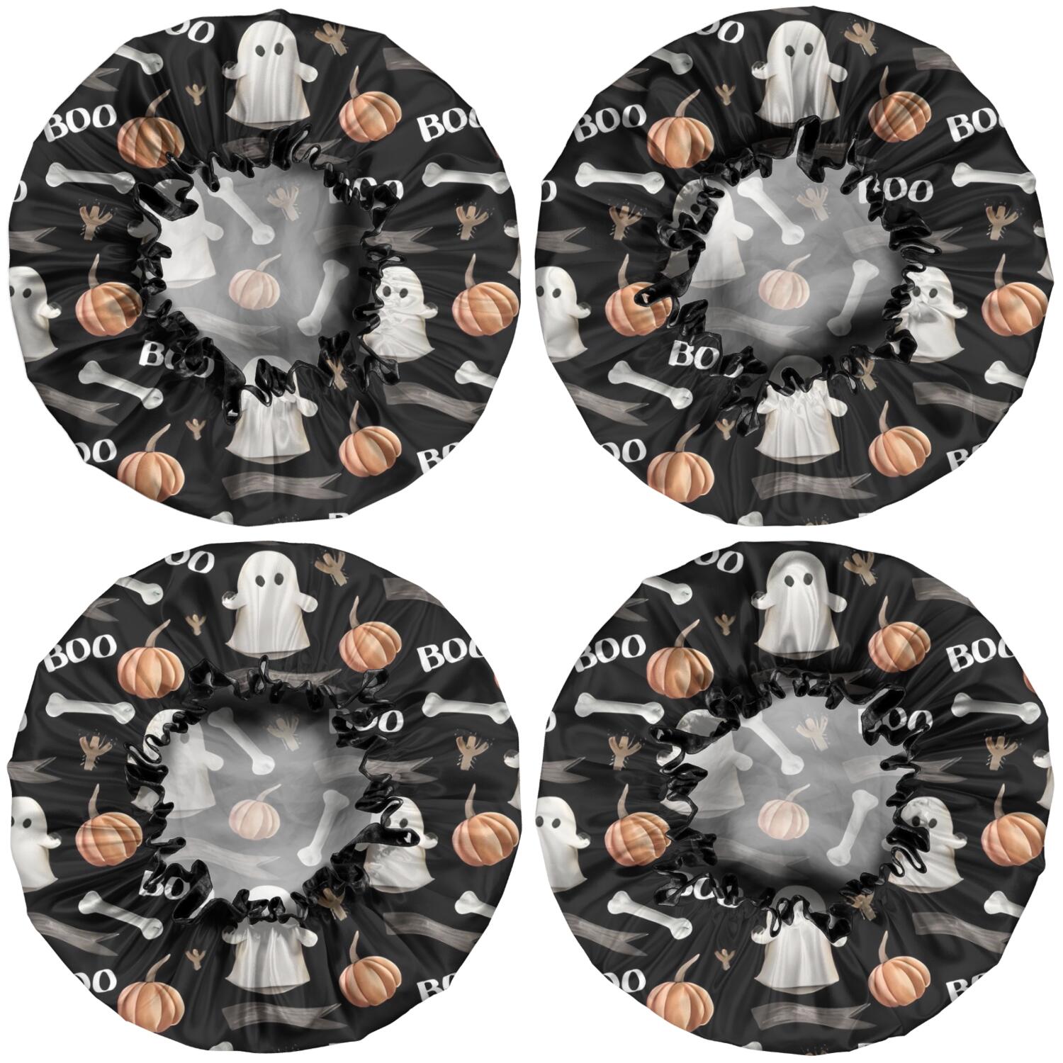 Shower Caps,Black Halloween Ghosts Pumpkins and Bones Waterproof Shower Cap for Women 4 Pieces,Double Reusable Hair Cover for Shower PEVA Elastic Stretch Hem