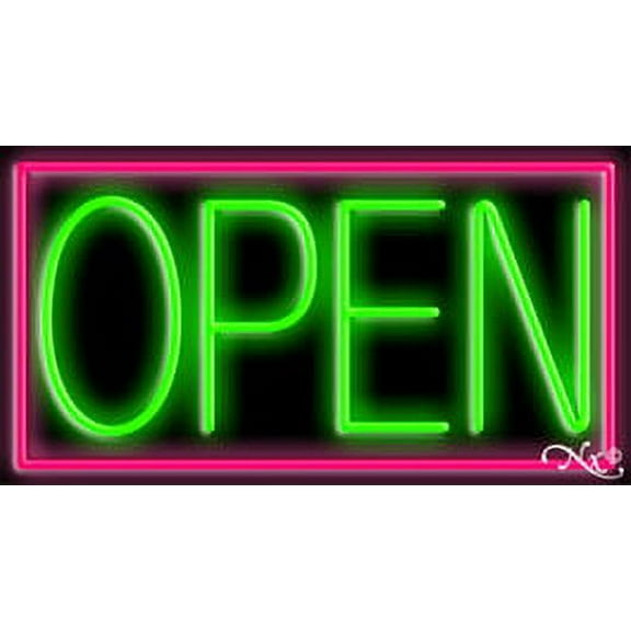 Pink Border With Green Open LED Neon Sign 13 x 24 - inches, Black Square Cut Acrylic Backing, with Dimmer - Bright and Premium built indoor LED Neon Sign for storefront.