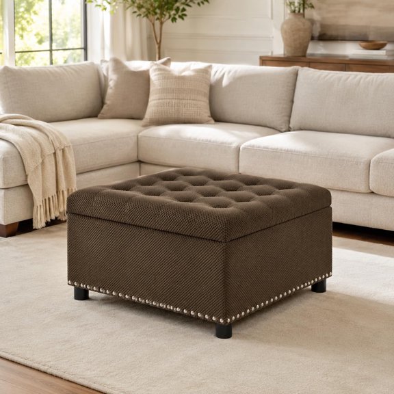 Large Square Storage Ottoman, 30'' Button-Tufted Upholstered Coffee Table Ottoman with Hidden Storage, Nailhead Trim and Wood Frame, Oversized Footrest Bench for Living Room, Bedroom, Brown