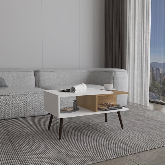 TUHOME Aranjuez Modern Coffee Table, 29.5" Wide Rectangular Center Table with Open Shelves and Metal Legs