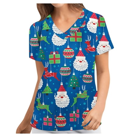 

CZHJS Women s Relaxed-Fit Snowflake Santa Claus Printed Christmas Graphic Tops Clinic Carer Shirt with Pockets Tunic V-Neck Working Uniform Nursing Workwear Scrubs Top Blue Tees Short Sleeve Clothes
