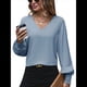 thumbnail image 3 of Camisa Informal Sencilla de Larga con Cuello en V para Mujer, Color Liso, Plisada, con Mangas Farol Azul M, 3 of 9