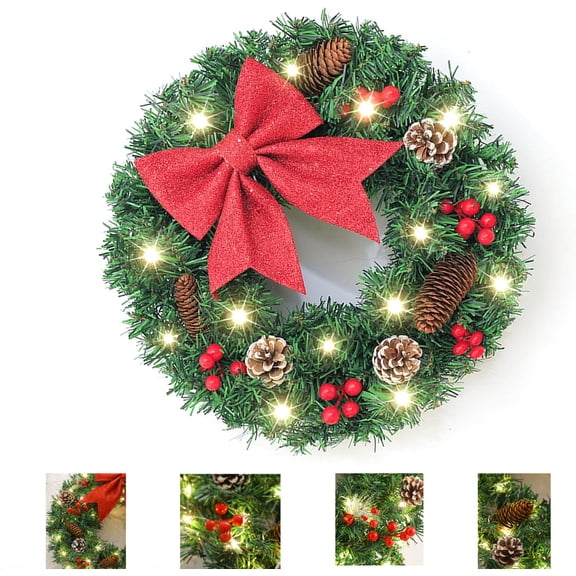Lighted Christmas Wreath with Red Bow, LED Pinecone & Berry Decor，15.75in
