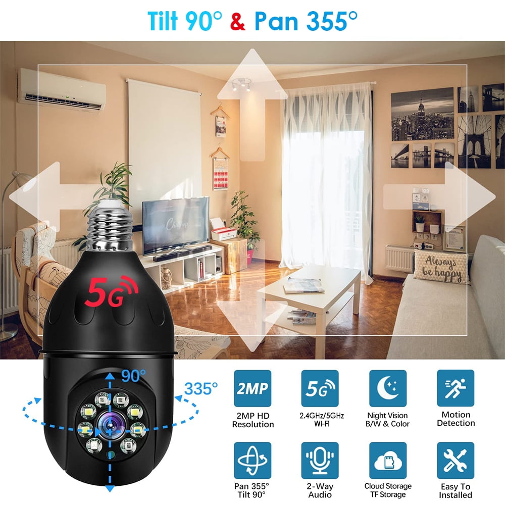 2.4GHz & 5GHz WiFi Smart Home Security Camera, 360°PTZ 1080P IP Camera Light Bulb Camera, Auto Tracking Full Color Night Vision Wireless Baby Monitor, Black