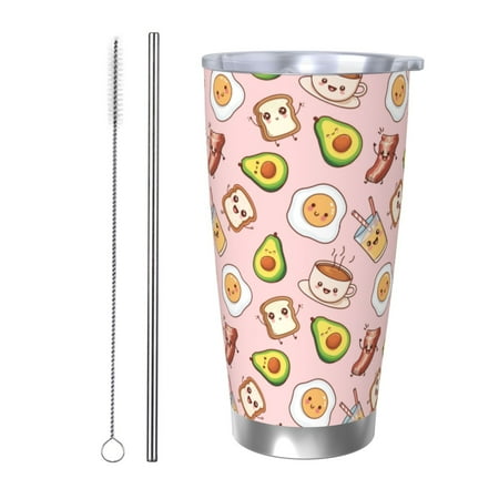 

Gaeub Breakfast Print 20-Ounce Stainless Steel Car Cup Tumblers Cups with Lids and Straw Coffee Cups for Adults Kids Home Car Office School Travel Party-Straw Two-piece Set