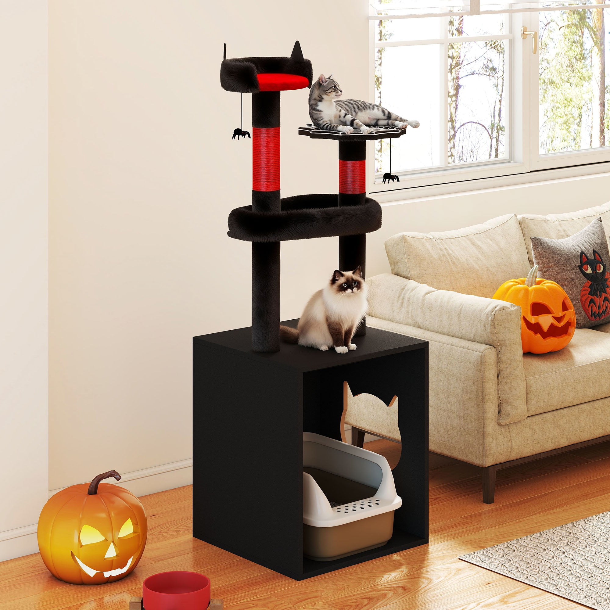 Homiflex Cat Tree for Automatic Litter Box, 67''H Cat Tower with Litter Box Enclosure, Scratching Post, Hooks, Halloween Style, Black/Red