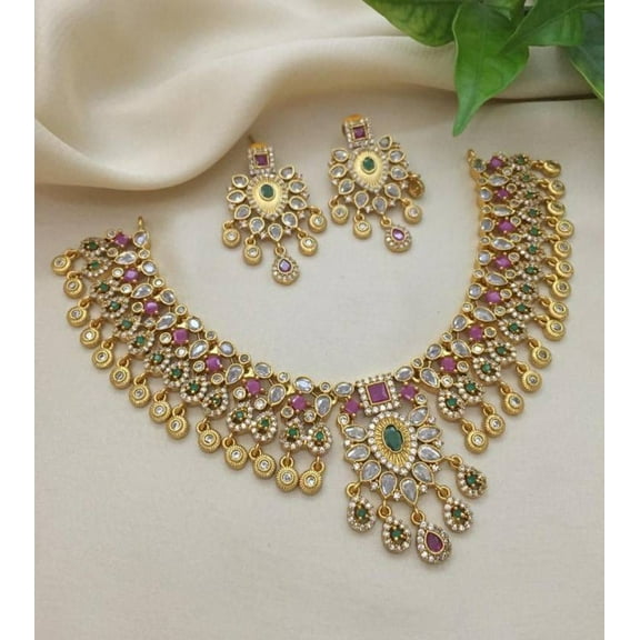 Gold Plated South Indian Necklace with Earrings - Kemp Stone Choker, Matte Finish CZ, Bollywood Pakistani Bridal Wedding Jewelry Set