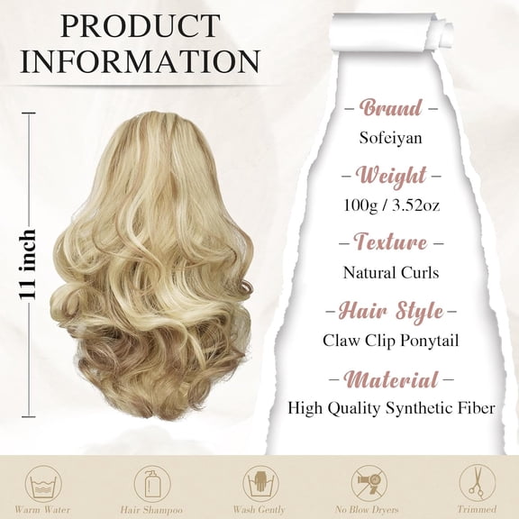 WEIF-Ponytail Extension 11 inch Claw Clip Ponytail Hair Extensions Long Curly Wavy Ponytail Fluffy Clip on Pony Tails Synthetic Hairpiece for WomenLight Ash Brown & Bleach Blonde