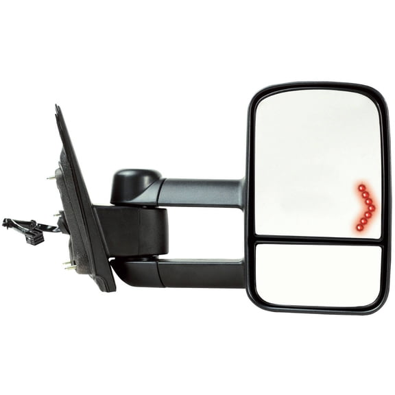 62135G - Fit System Passenger Towing Mirror for 14-18 Silverado/Sierra 1500, 15-18 2500, 3500, txt black, Arrow Signal, dual lens, 1st design, (no power fold/side reflector/BLIS), fold, Heated Power