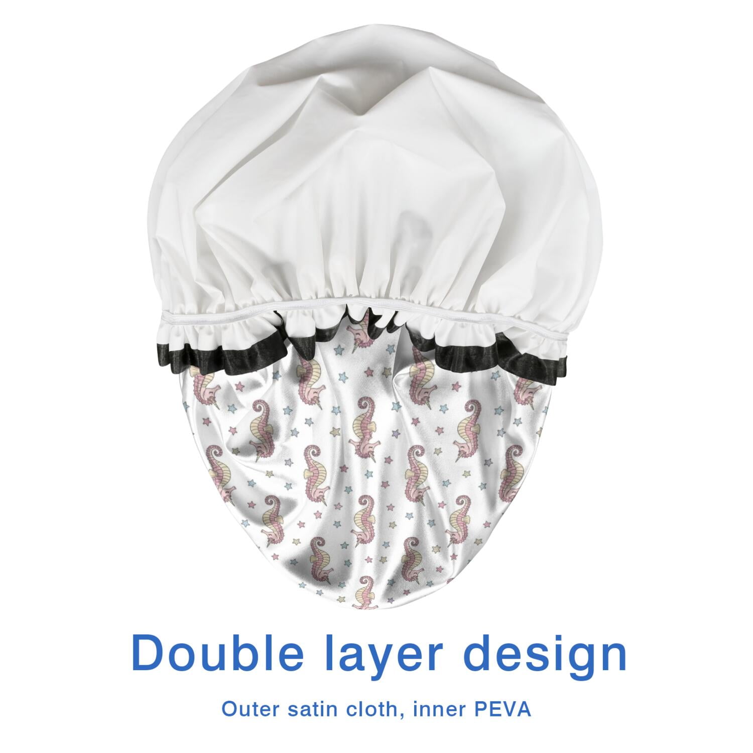 Shower Caps,White Cartoon Seahorse Star Pattern Waterproof Shower Cap for Women 4 Pieces,Double Reusable Hair Cover for Shower PEVA Elastic Stretch Hem