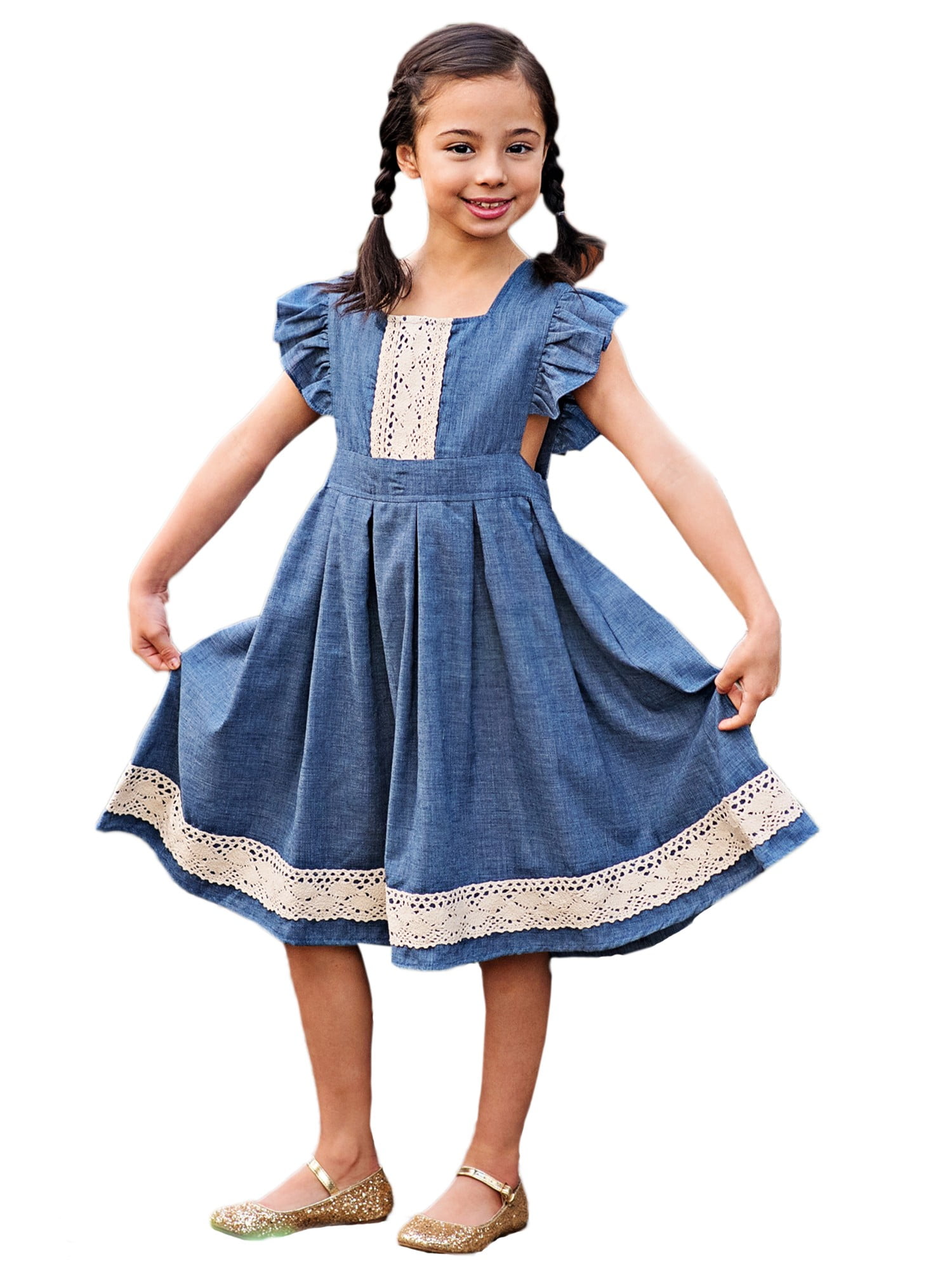 Just Couture Little Girls Molly Denim Smock Jumper Flower Girl Dress