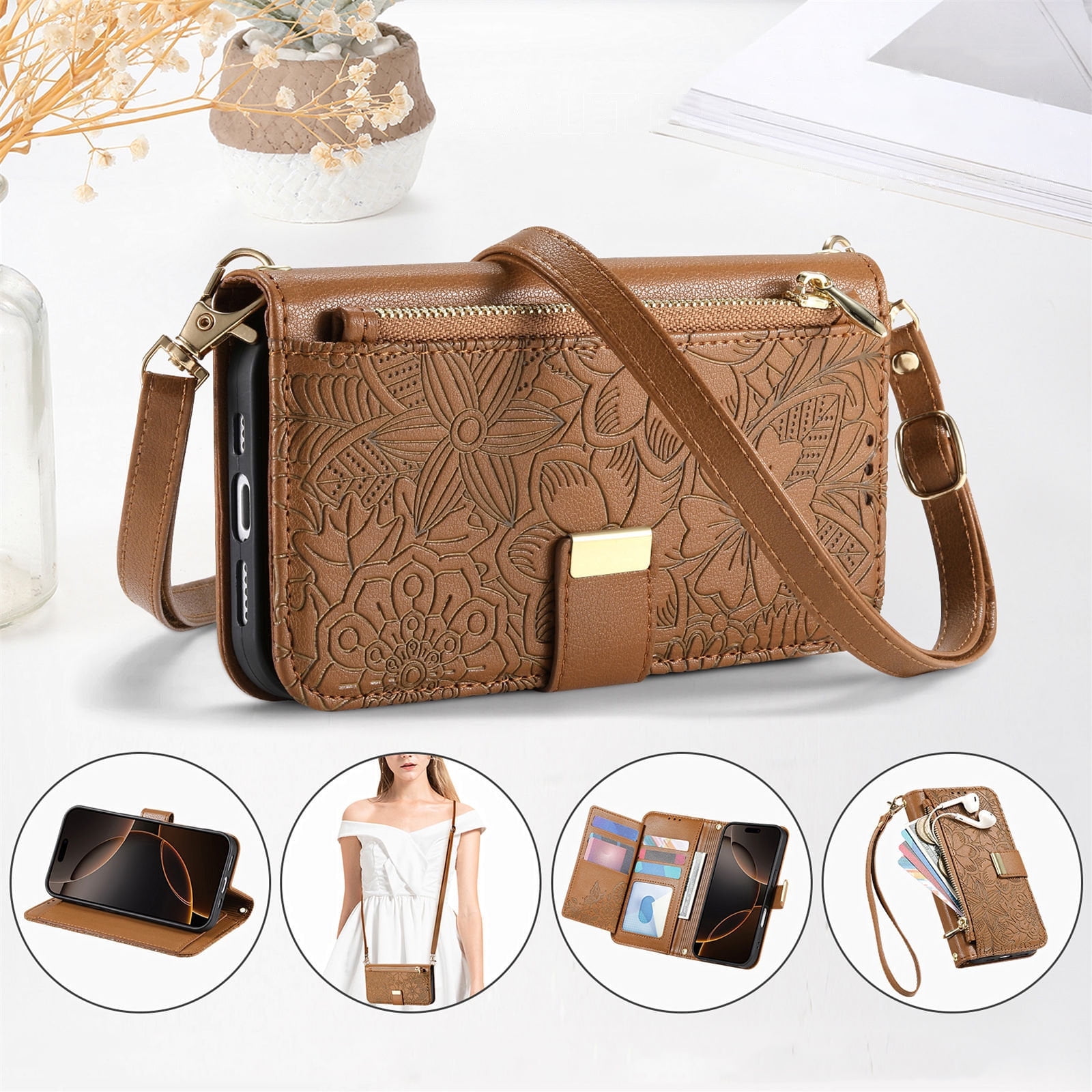 Allytechgroup Wallet Case for iPhone 16, Stylish Floral Zipper Pocket Multiple Cards Slots Hand Strap Crossbody Lanyard Flip Cover Stand Phone Case for Apple iPhone 16,Brown