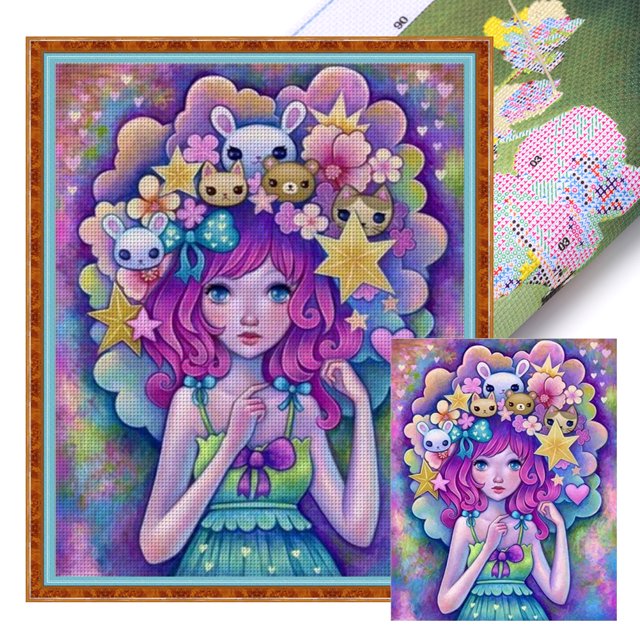 Hilo Algodón Bordado Punto Cruz Impreso 11CT Muñeca Dibujos Animados para Niña 40x50cm
