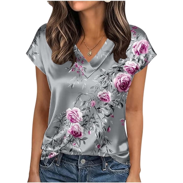 Blusas para Mujeres Casual V Cuello Impreso Manga Corta Camiseta Suéter Suave Transpirable Moda de Verano Superior