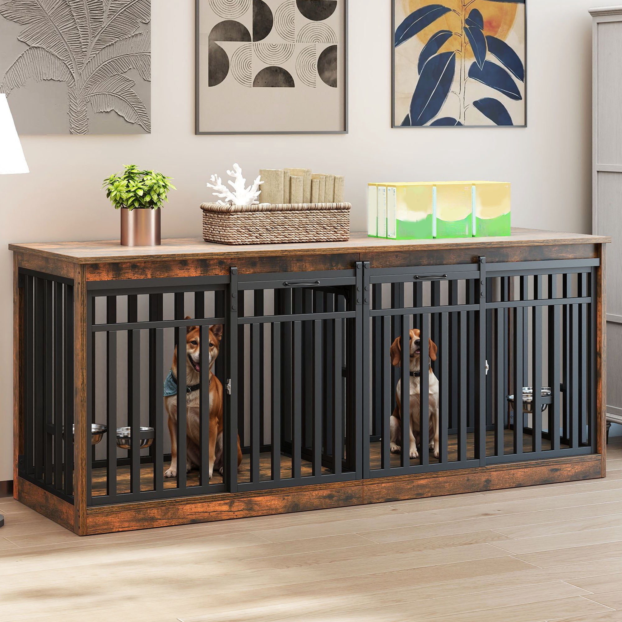 Craftian 71In Farmhouse Dog Crate TV Stand, Wooden Dog Kennel Furniture with 4 Dog Bowls, Large Dog Crate Furniture for 2 Dogs - Rustic Brown