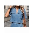 thumbnail image 5 of Women'S Denim 2 Piece Outfits Summer Lapel V Neck Crop Top Jean Skirt Shorts Set with Pockets Dark XL, 5 of 10