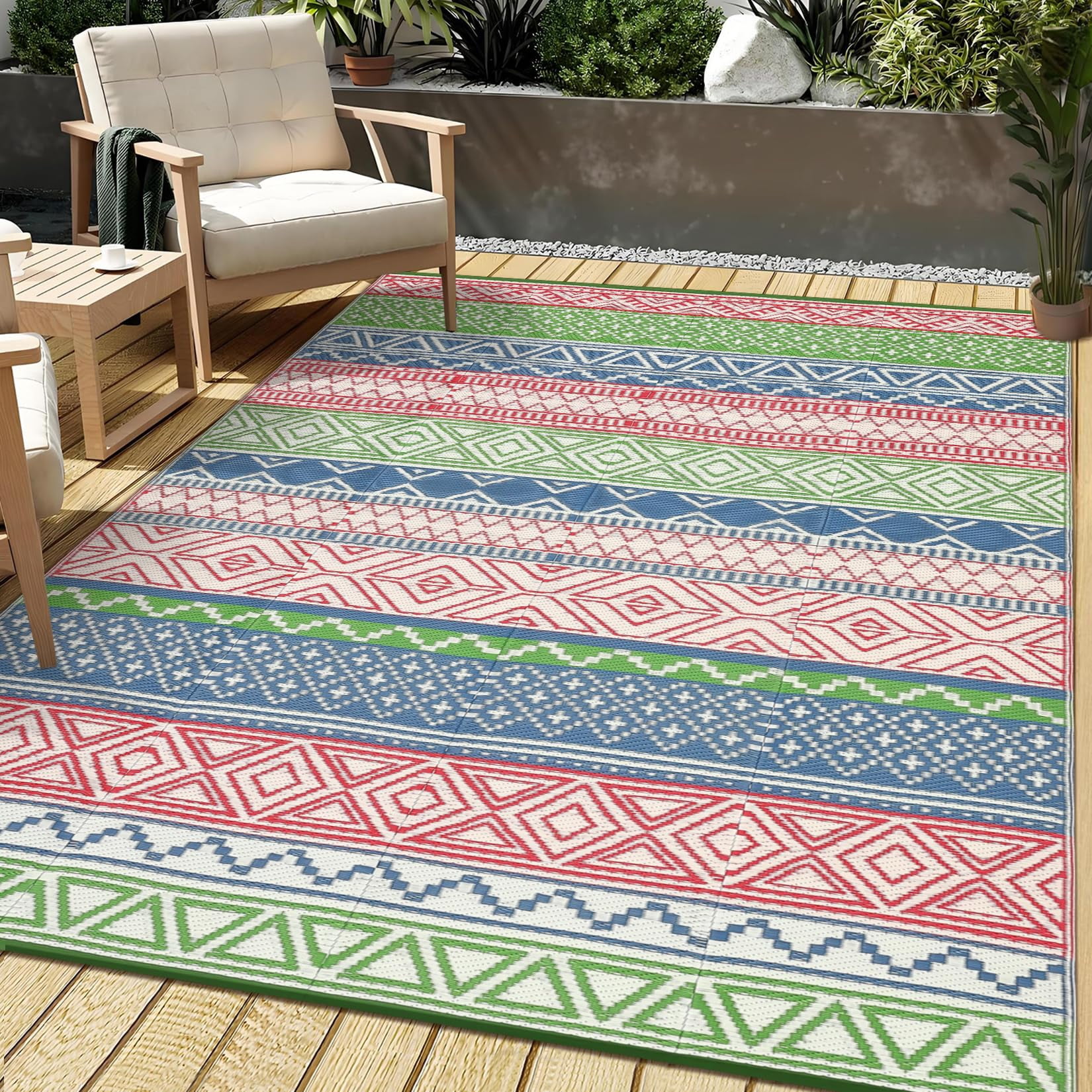 Reversible Outdoor Rugs 5x8 for Patios Clearance, Waterproof Mats for Porch, Deck, Plastic Straw Area Rugs for Backyard, Balcony,Red/Green/Blue