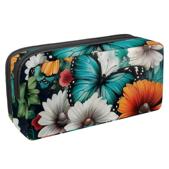 MUOOUM Pencil Case, Blue Butterfly Flowers Large Capacity Pencil Pouch Stationery Pen Bag