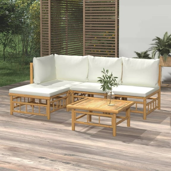 vidaXL 5 Piece Patio Lounge Set with Cream White Cushions Bamboo