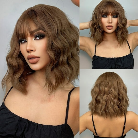 European and American Style Black Brown Shoulder Length Short Curly Hair Women'sHigh Temperature Silk Wig Cover Daily Application 40cm/15.7in wig Brown