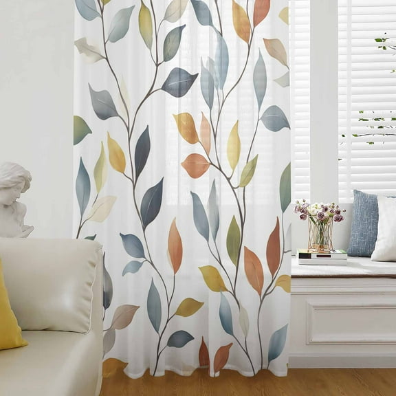 Colorful Leaf Semi Sheer Curtains Drapes for Living Room, Bedroom, French Doors Window 72 Inches Long, Pastoral Botanical Summer Spring Rod Pocket Chiffon Curtain Drapery Voile Draperies Panel